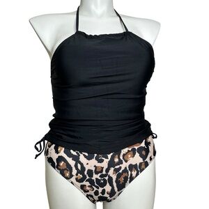 Beachsissi Black Ruched Top with Animal Print Bottoms Swim NWOT Large